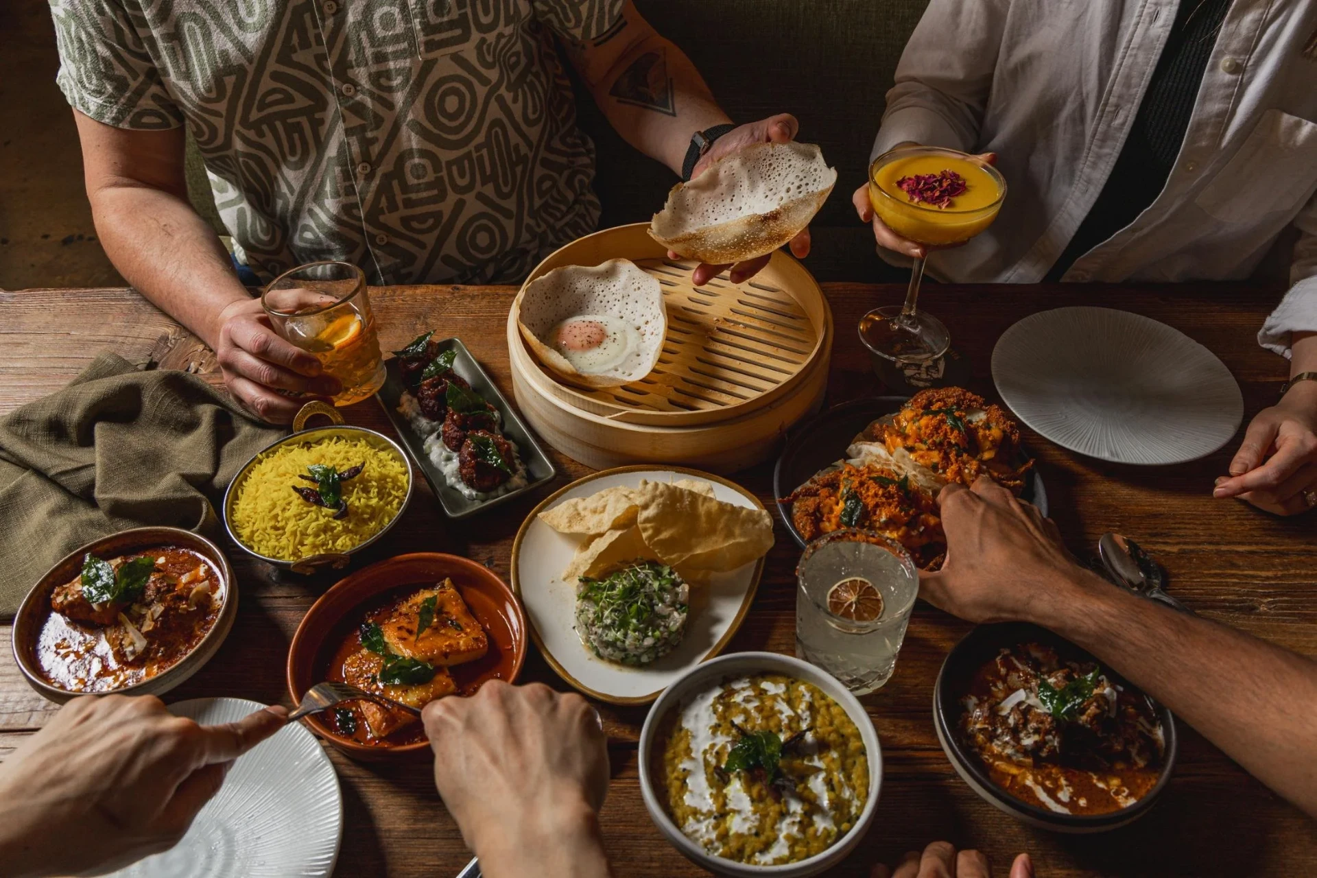 Sri Lankan feast with curries, rice, hoppers and fresh seafood